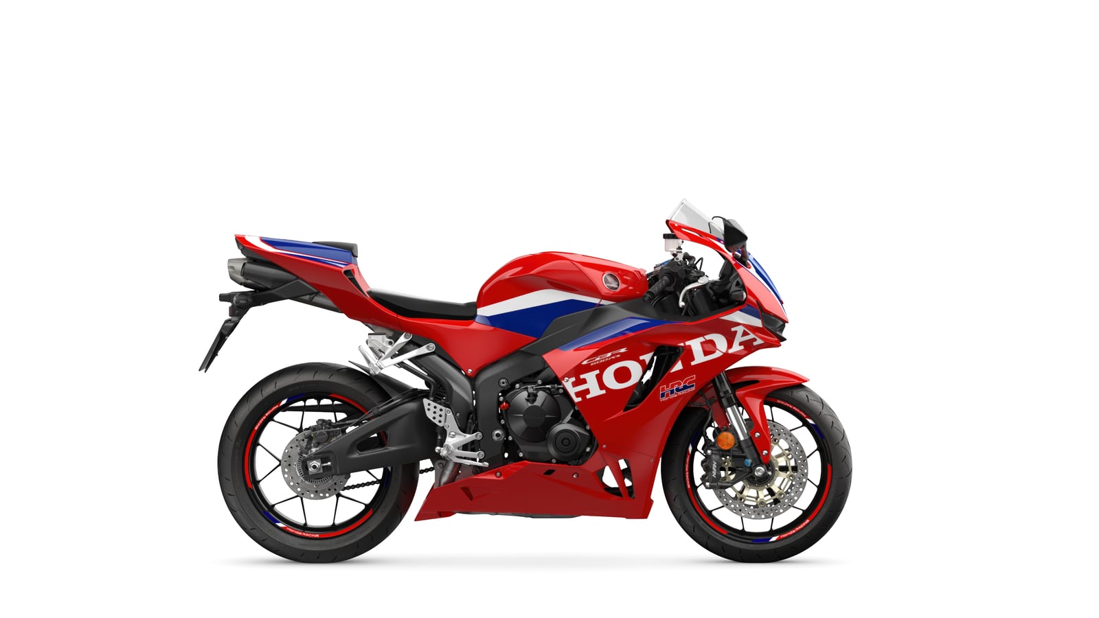 A CBR600RR de 2027 vista de lado, com as pinças e os discos da frente