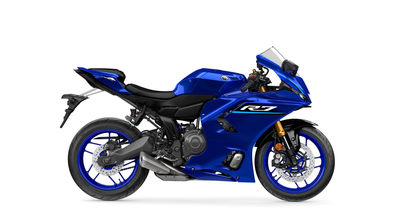 A R7 de 2026. Foto: Yamaha Motor Europe A Yamaha R7 de 2026 em azul, vista de lado, com o motor de dois cilindros à vista